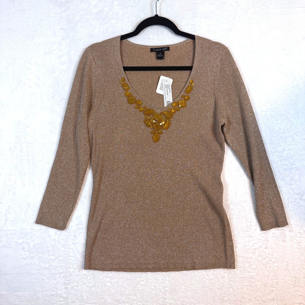 August Silk Sweater Beaded V-Neck XL Gold Silk Blend Metallic 3/4 Sleeve Womens